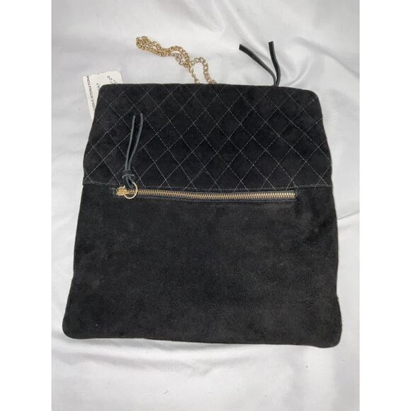 NWT MARMI BLACK SUEDE QUILTED FOLD OVER PURSE HANDBAG CLUTCH GOLD CHAIN - Picture 5 of 12